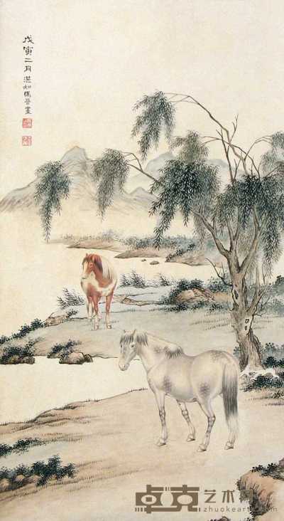 马晋 戊寅(1938年)作 双马 立轴 76×42cm